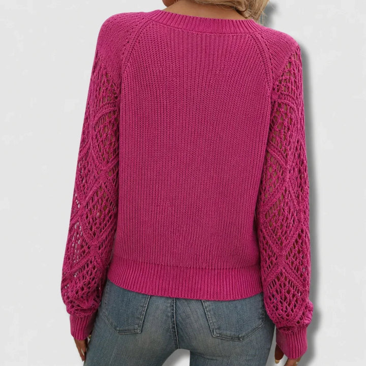 Women's V-Neck Knit Sweater – Open-Knit Long Sleeves