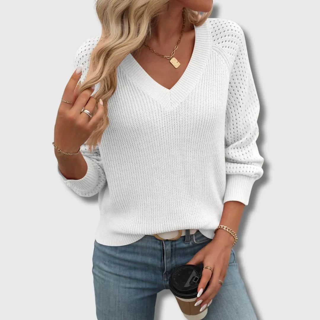 Women's V-Neck Knit Sweater – Open-Knit Long Sleeves