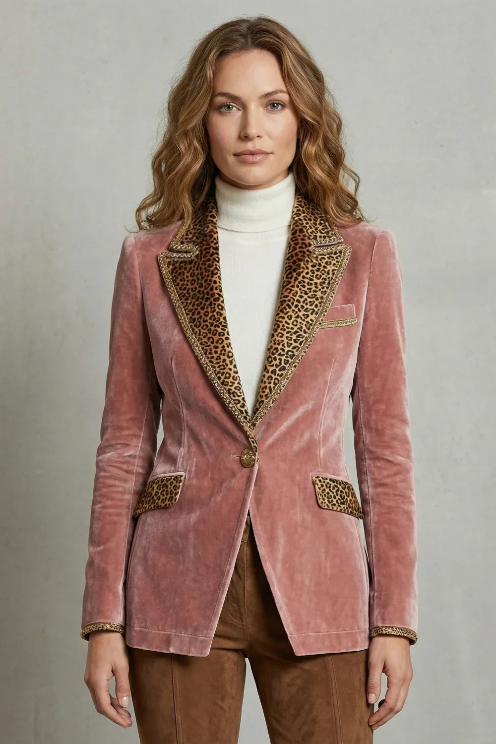Women's Velvet Blazer – Leopard Print Lapels