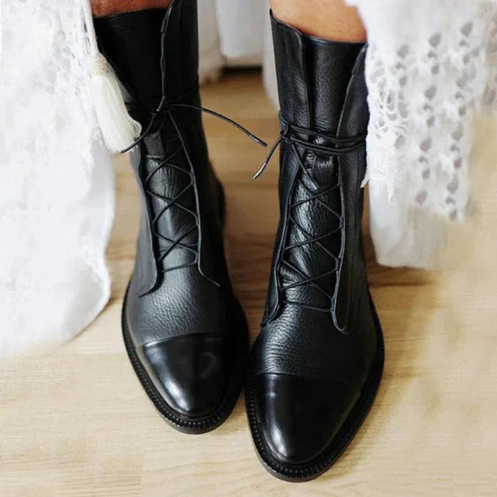 Women's Vintage-Inspired Mid-Calf Leather Boots – Lace-Up Contrast Cap-Toe