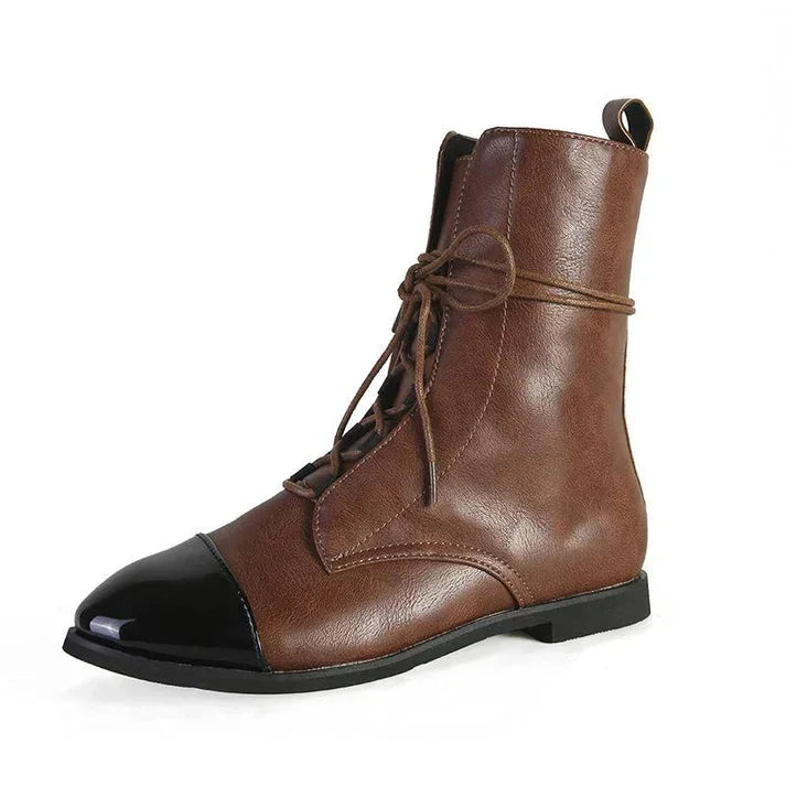 Women's Vintage-Inspired Mid-Calf Leather Boots – Lace-Up Contrast Cap-Toe