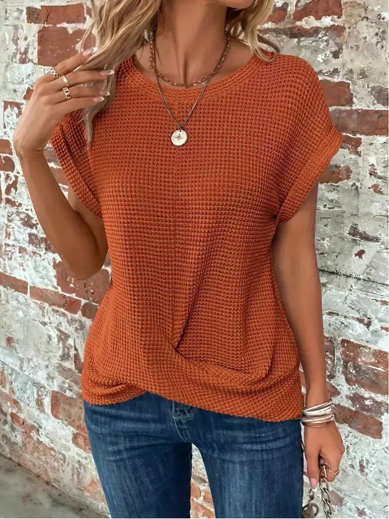 Women's Waffle Knit Sweater – Crew-Neck Short Sleeves And Front Twist