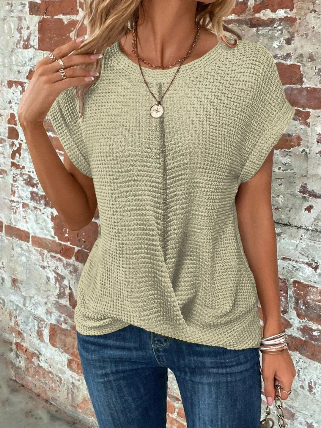 Women's Waffle Knit Sweater – Crew-Neck Short Sleeves And Front Twist