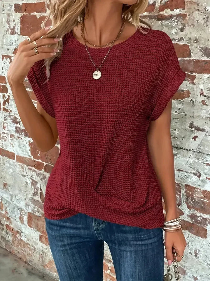 Women's Waffle Knit Sweater – Crew-Neck Short Sleeves And Front Twist