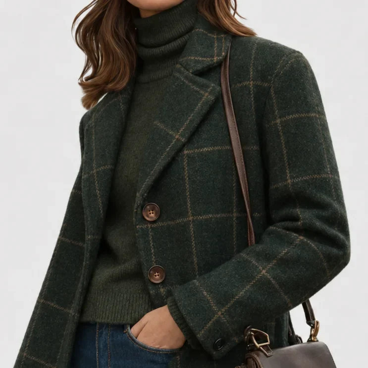 Women's Warm Blend Checkered Wool Coat – Button-Front And Lapel Collar