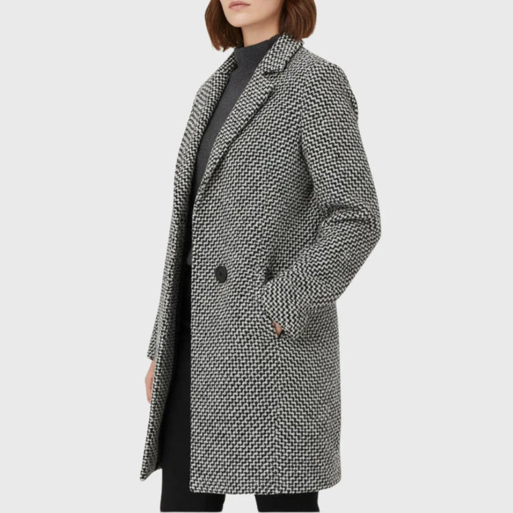 Women's Warm Winter Houndstooth Mid-Length Wool Coat – Quilted Lining
