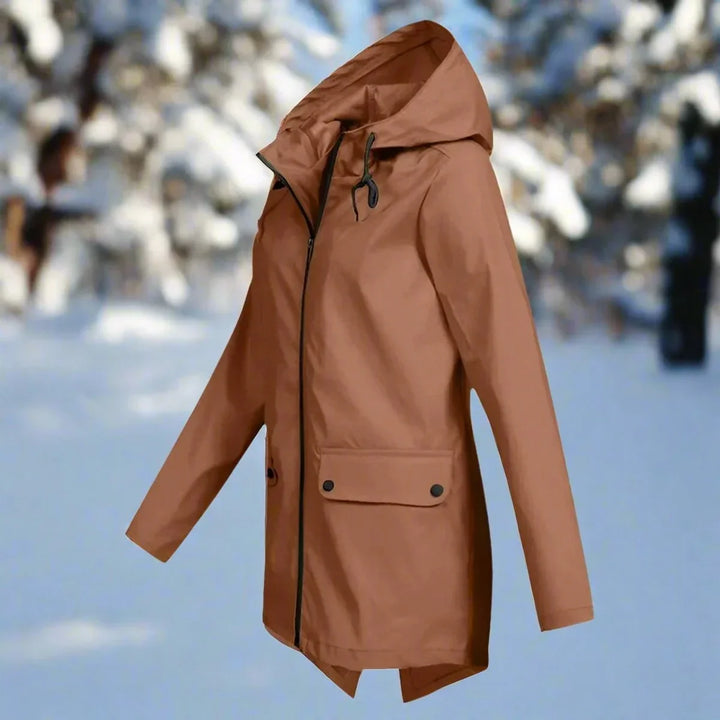 Women's Waterproof Hooded Rain Jacket Zip-Up Longline