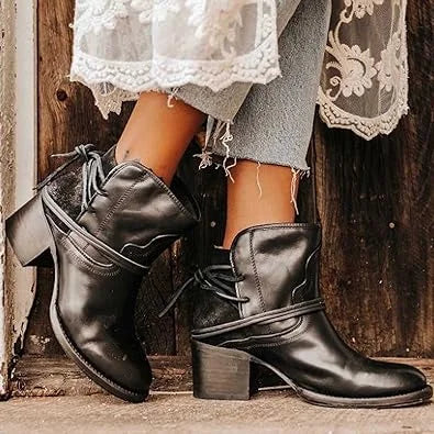 Women's Western Ankle Boots – Block Heel And Wrap-Around Lace-Up Design