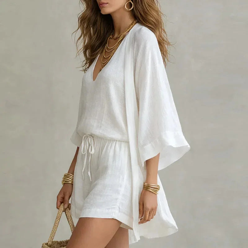 Women's White Linen Three-Piece Shorts Set – V-Neck Top And Kimono Cardigan