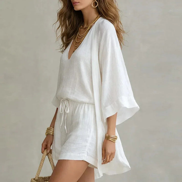 Women's White Linen Three-Piece Shorts Set – V-Neck Top And Kimono Cardigan