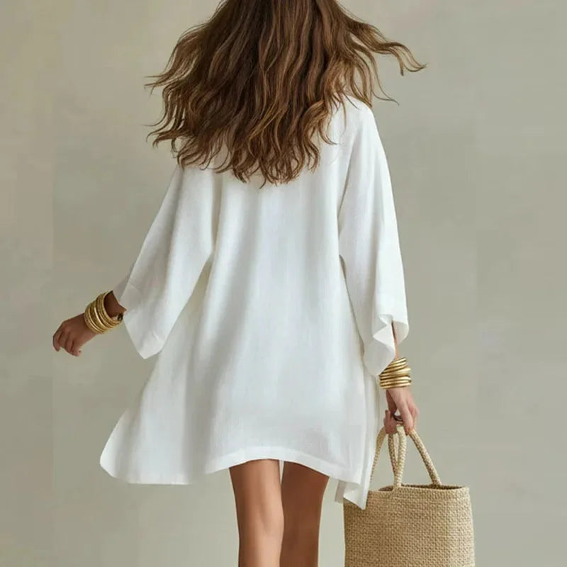 Women's White Linen Three-Piece Shorts Set – V-Neck Top And Kimono Cardigan