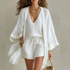 Women's White Linen Three-Piece Shorts Set – V-Neck Top And Kimono Cardigan