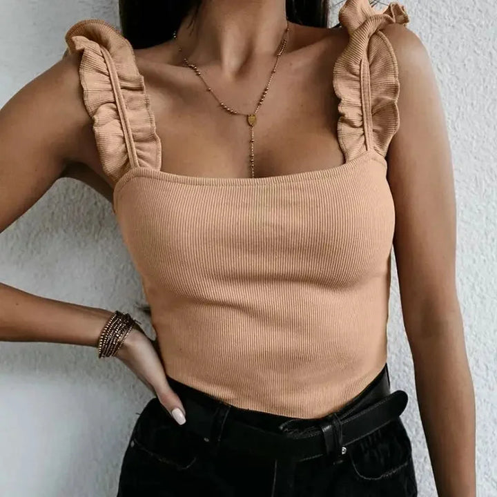 Women's White Ribbed Knit Square-Neck Top – Ruffled Shoulder Straps