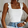 Women's White Ribbed Knit Square-Neck Top – Ruffled Shoulder Straps