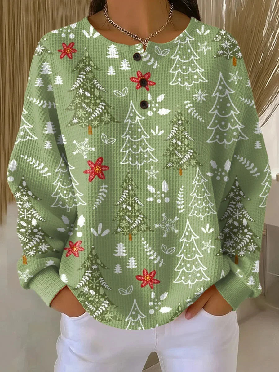 Women's Winter Christmas-Print Waffle-Knit Sweater – Button-Placket Neckline