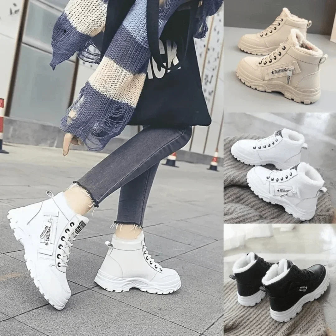 Women's Winter Faux Fur-Lined Lace-Up Ankle Boots – Chunky Sole