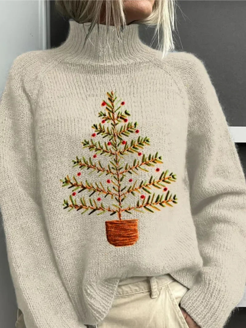 Women's Winter Holiday Embroidered Christmas Tree Knit Sweater – Turtleneck Raglan Sleeves